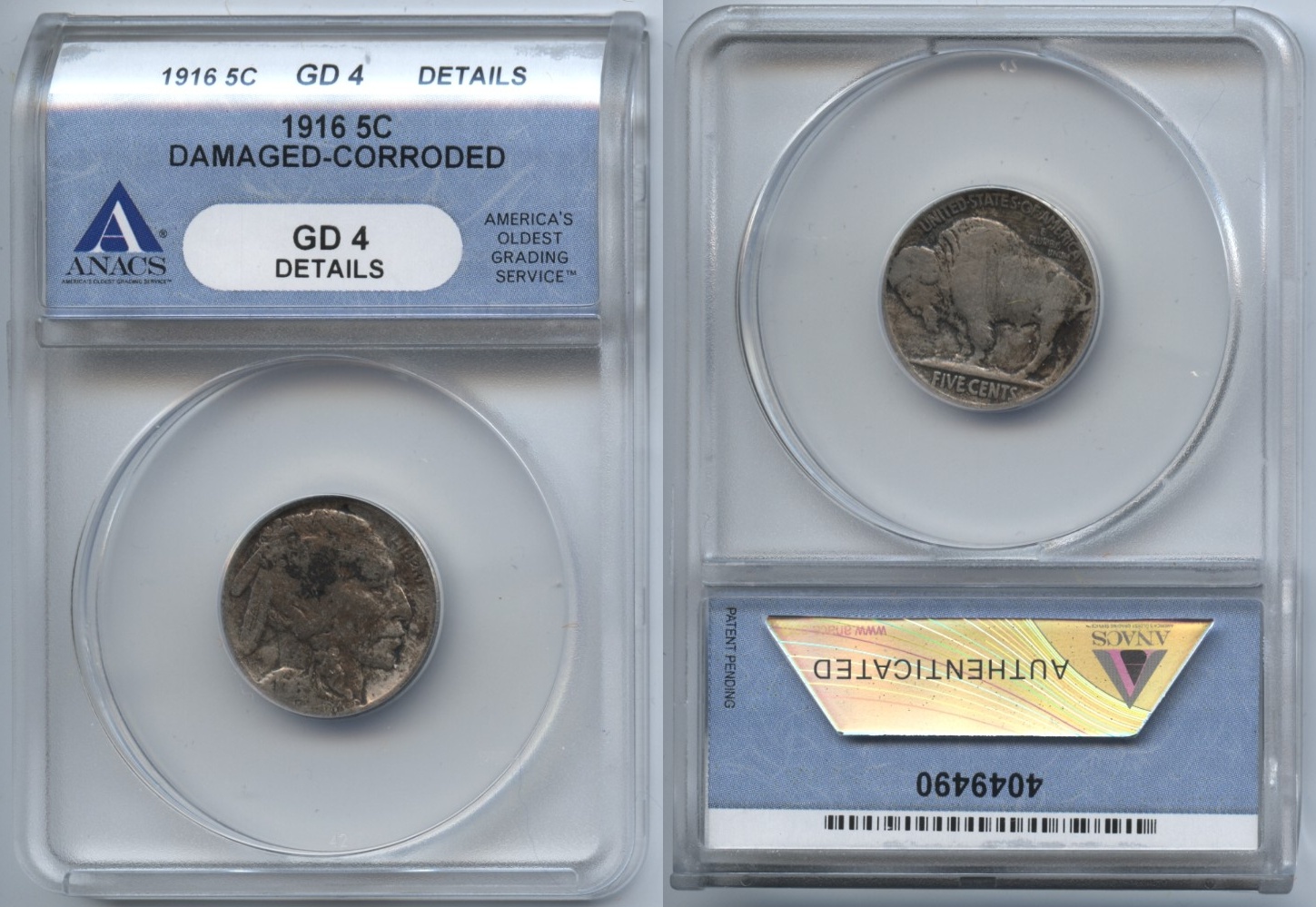 1916 Buffalo Nickel ANACS Good-4 Damaged Corroded