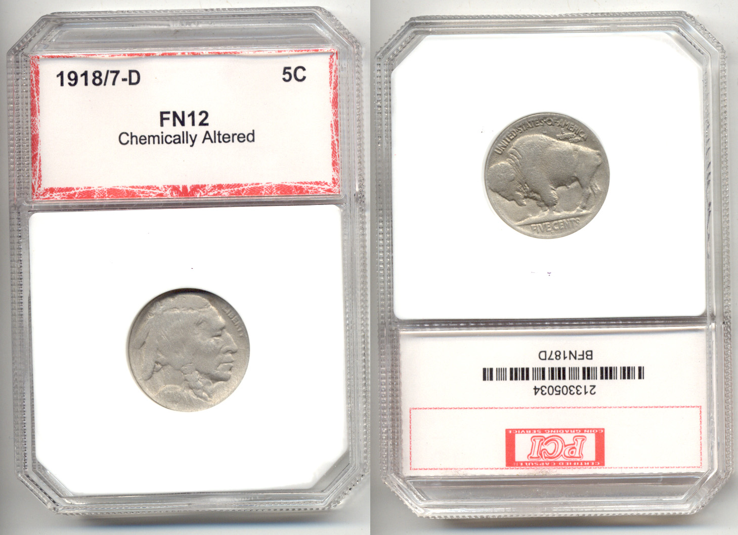 1918/7-D 8 over 7 Buffalo Nickel PCI F-12 Chemically Altered