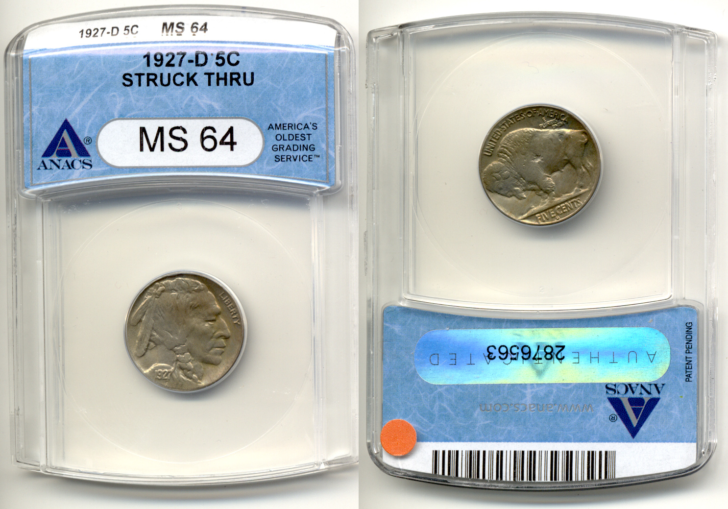 1927-D Buffalo Nickel ANACS MS-64 Struck Through Error