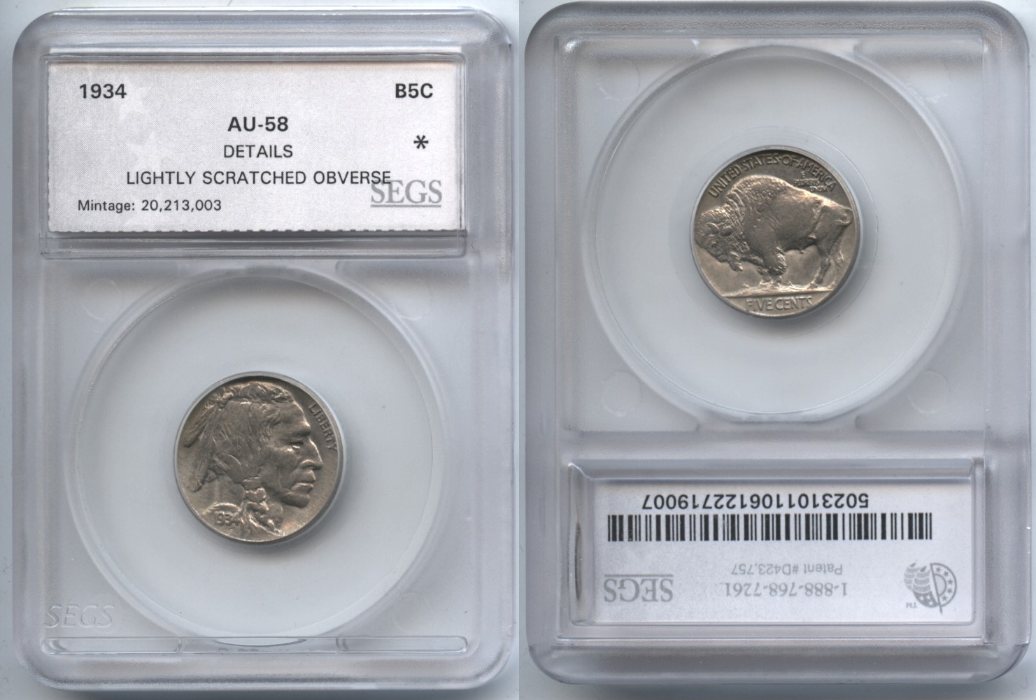 1934 Buffalo Nickel SEGS AU-58 Obverse Scratch
