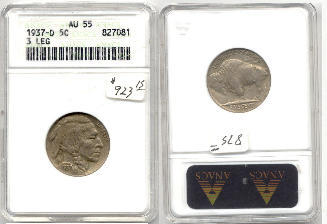 1937 Three Leg Buffalo Nickel ANACS AU-55