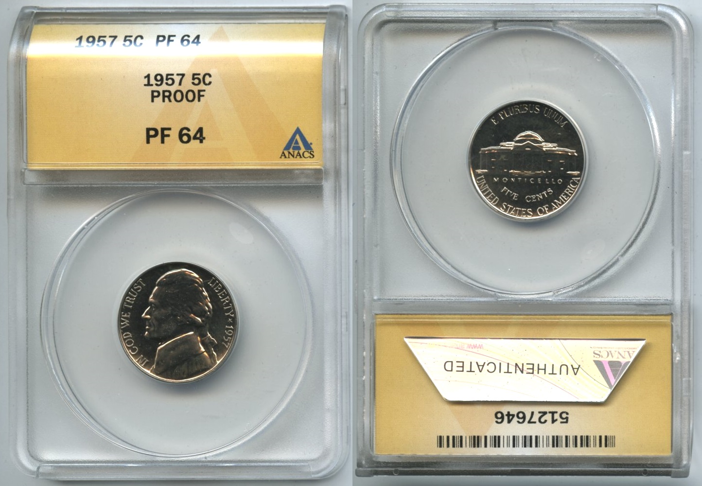 1957 Jefferson Nickel ANACS Proof-64