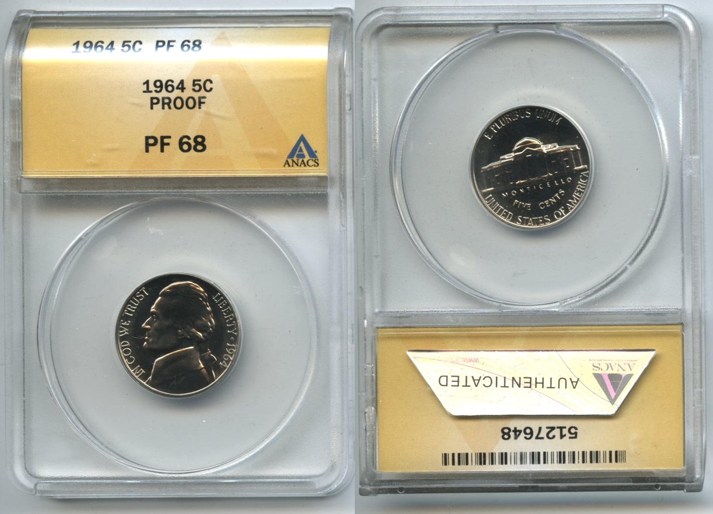 1964 Jefferson Nickel ANACS Proof-68