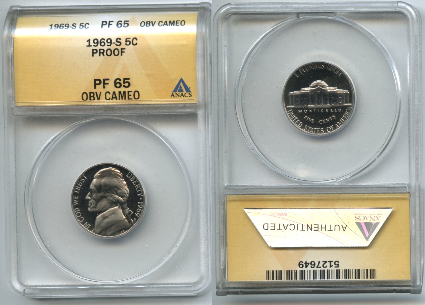 1969-S Jefferson Nickel ANACS Proof-65 Obverse Cameo