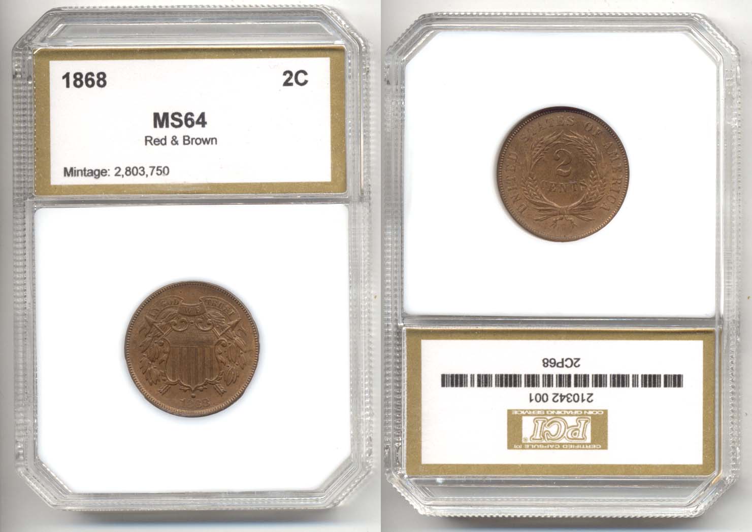 1868 Two Cent Piece PCI MS-64 Red and Brown