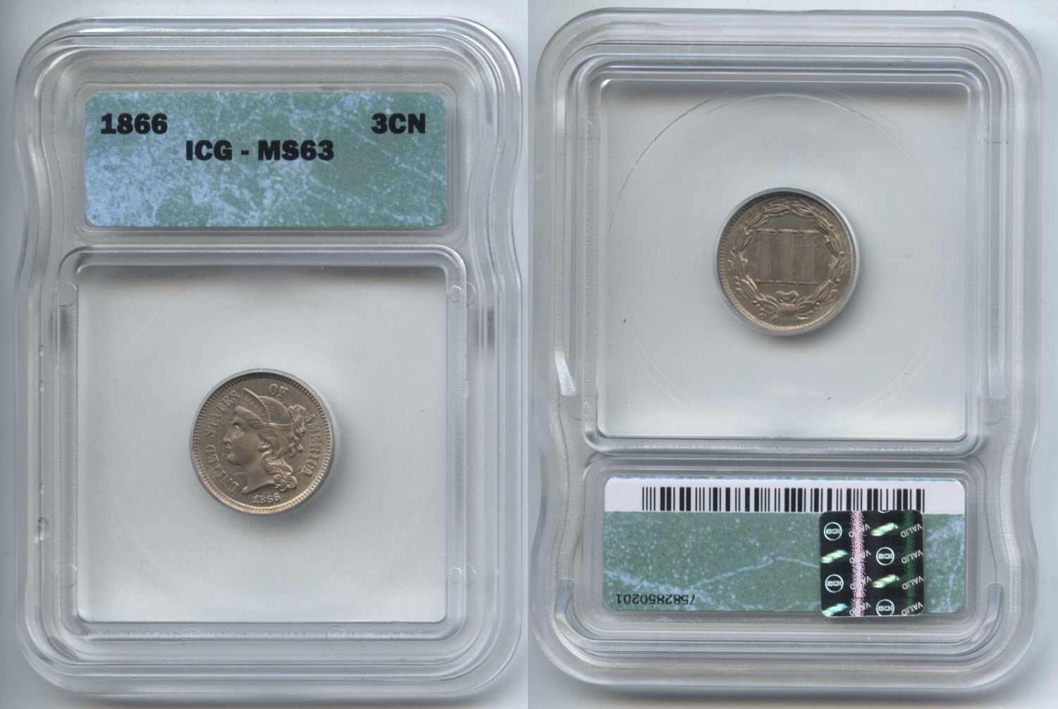 1866 Three Cent Nickel ICG MS-63