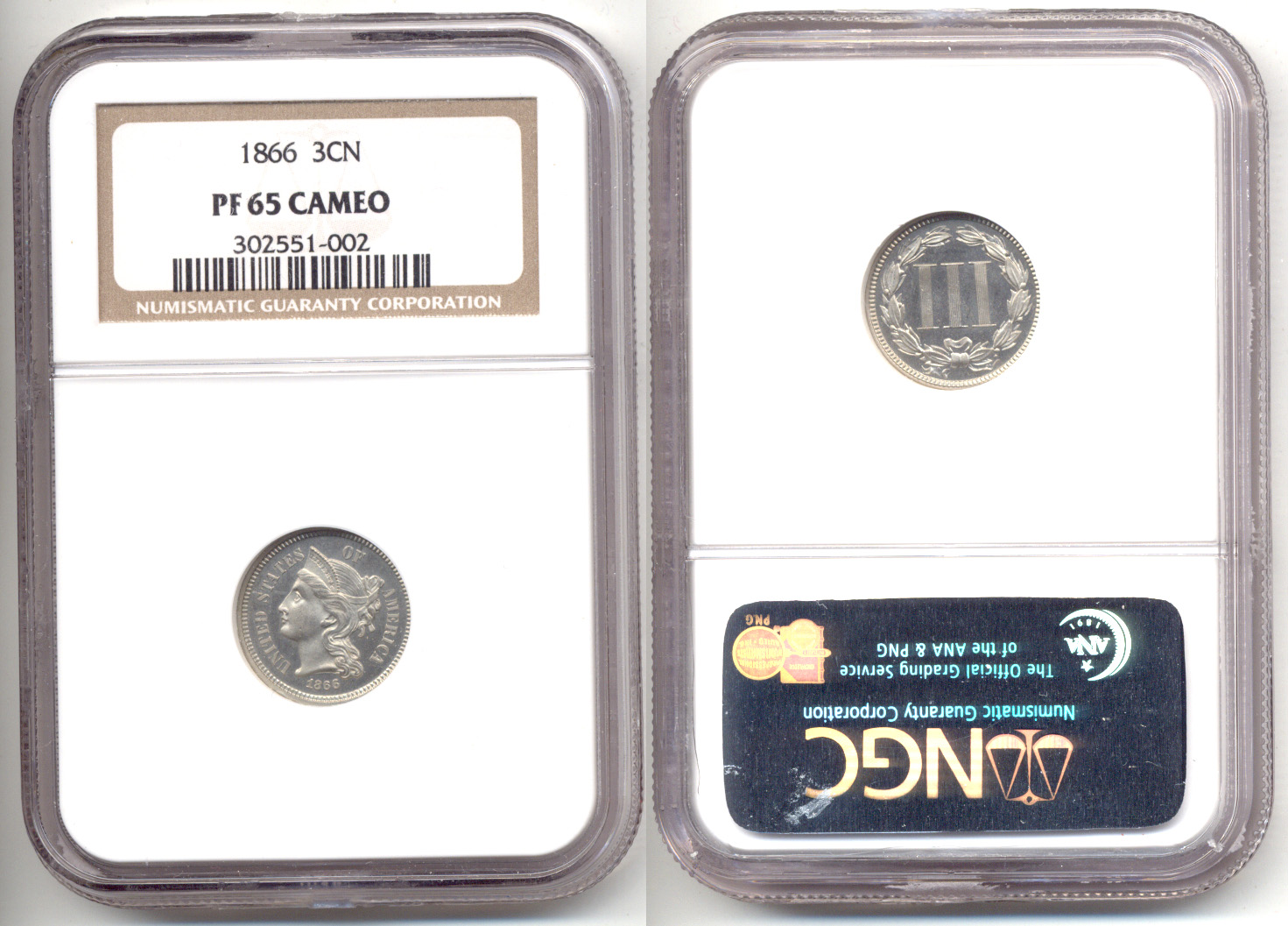 1866 Three Cent Nickel in NGC Proof-65 Cameo