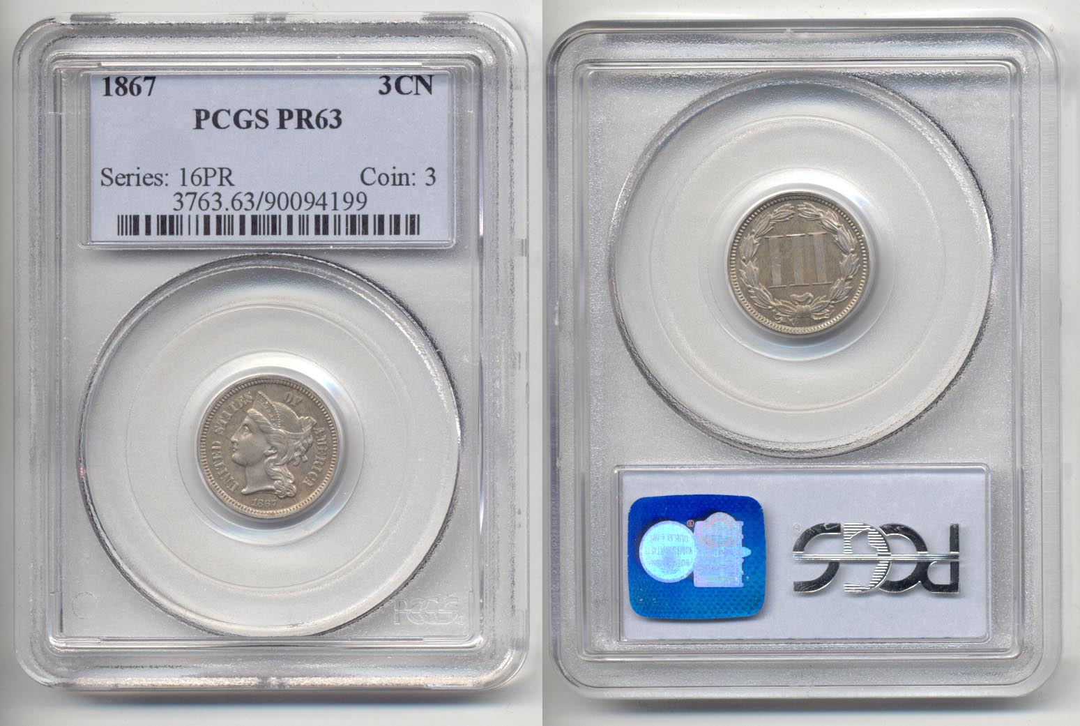 1867 Three Cent Nickel PCGS Proof-63