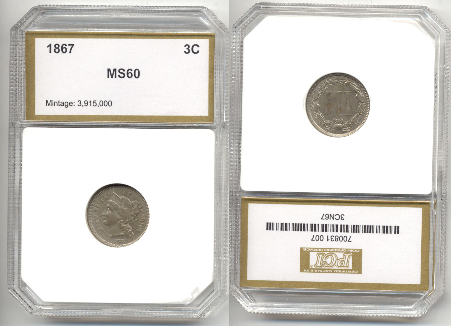 1867 Three Cents Nickel in PCI MS-60