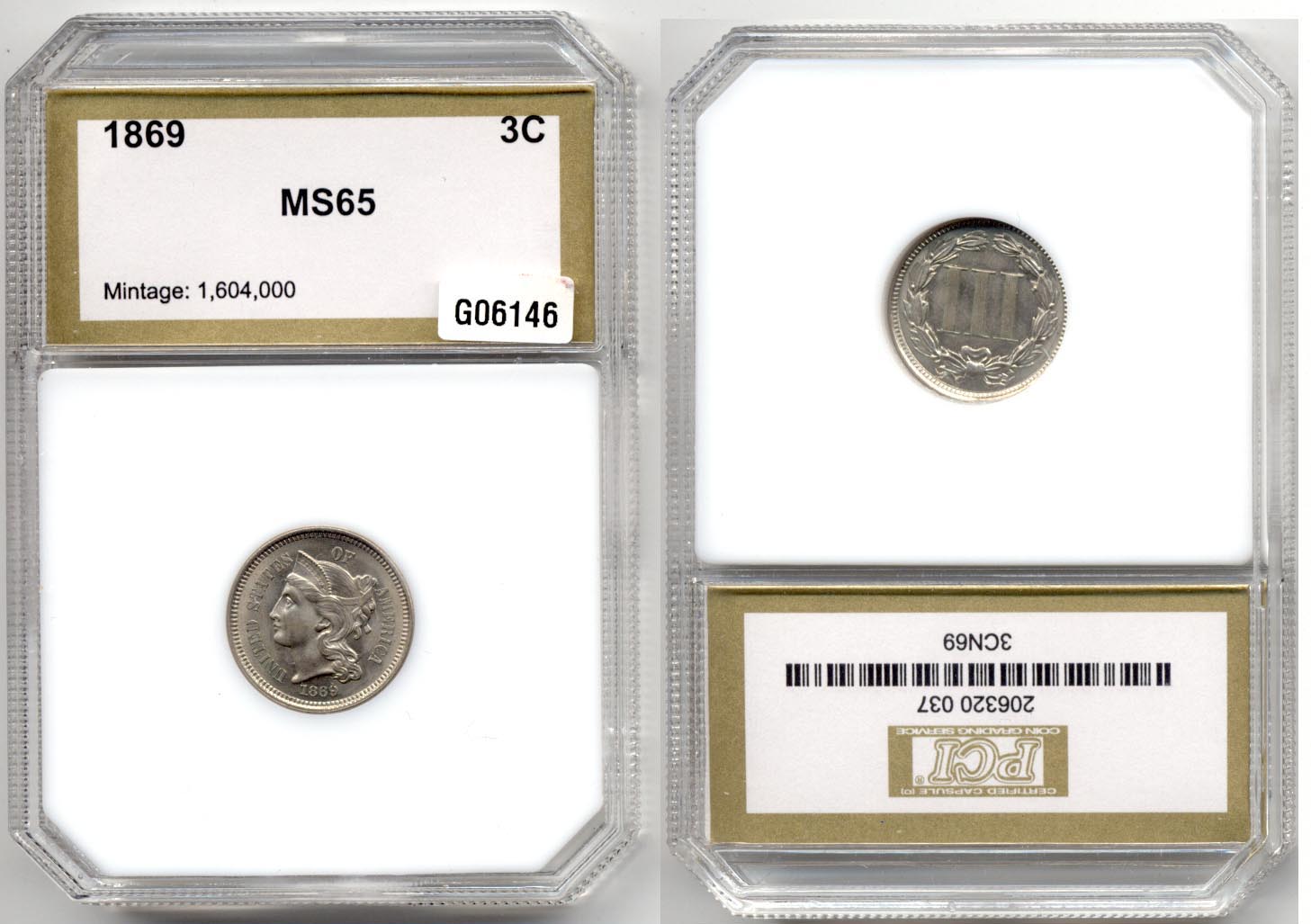 1869 Three Cent Nickel PCI MS-65