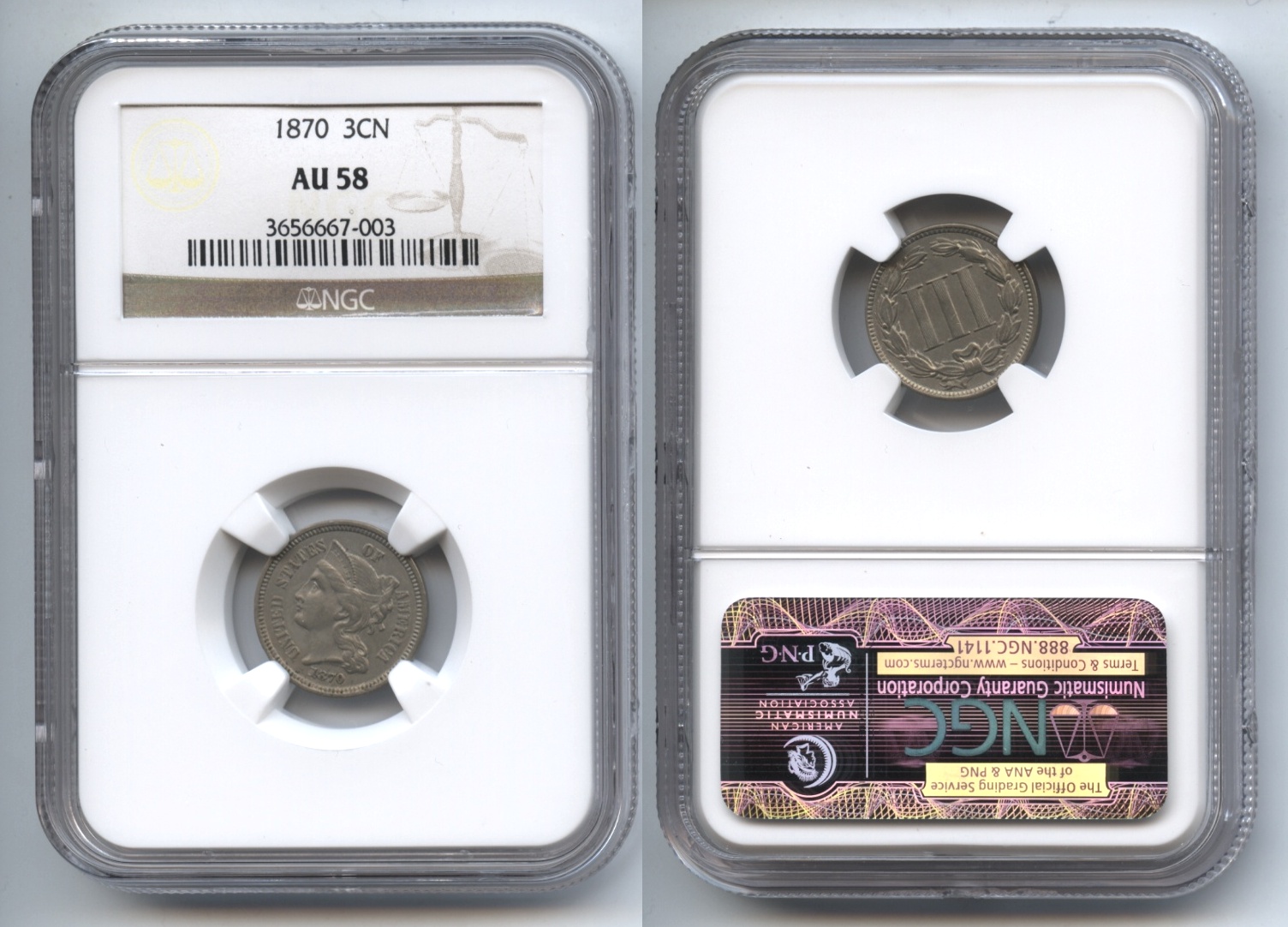 1870 Three Cent Nickel NGC AU-58