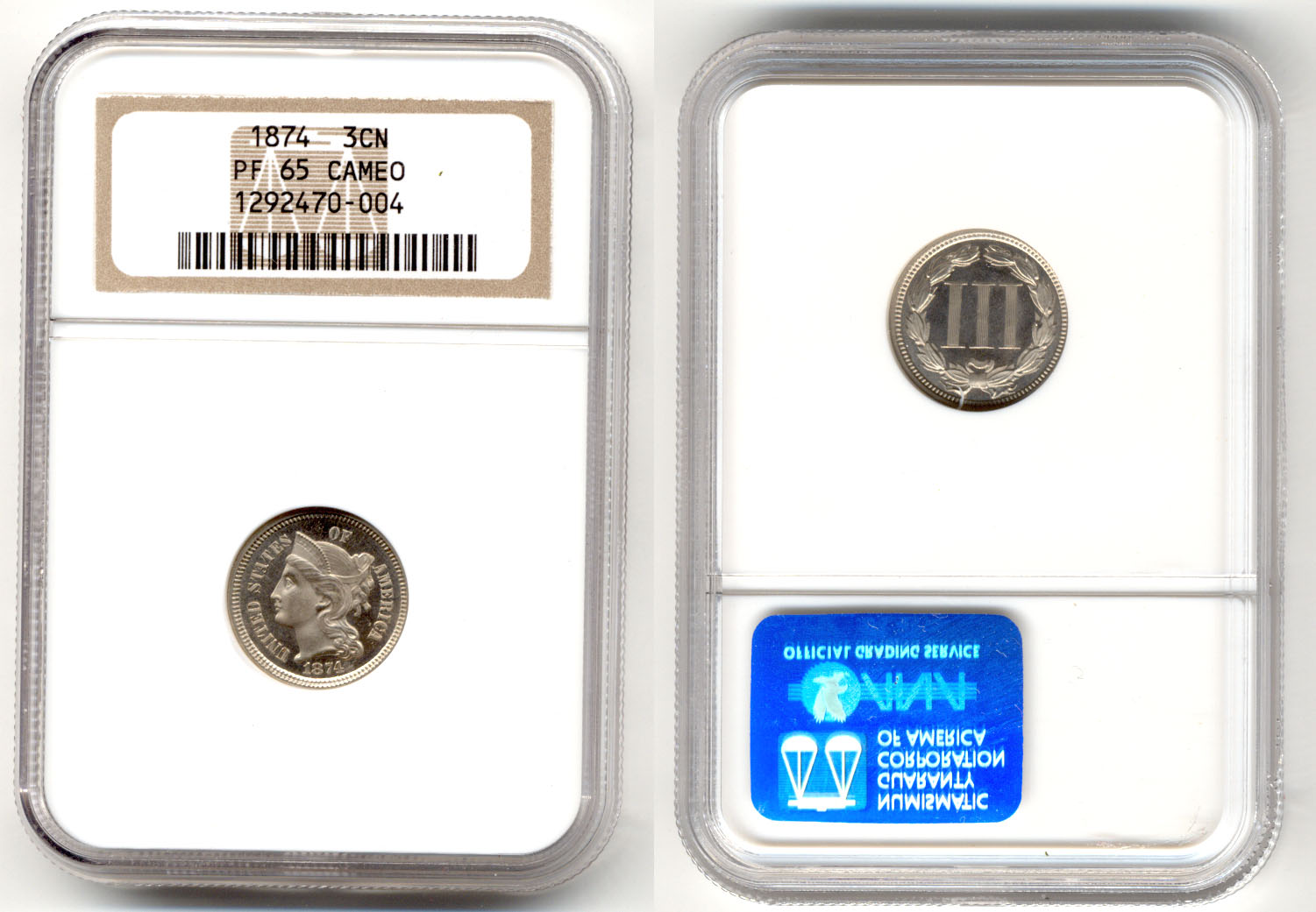 1874 Three Cent Nickel in NGC Cameo Proof-65