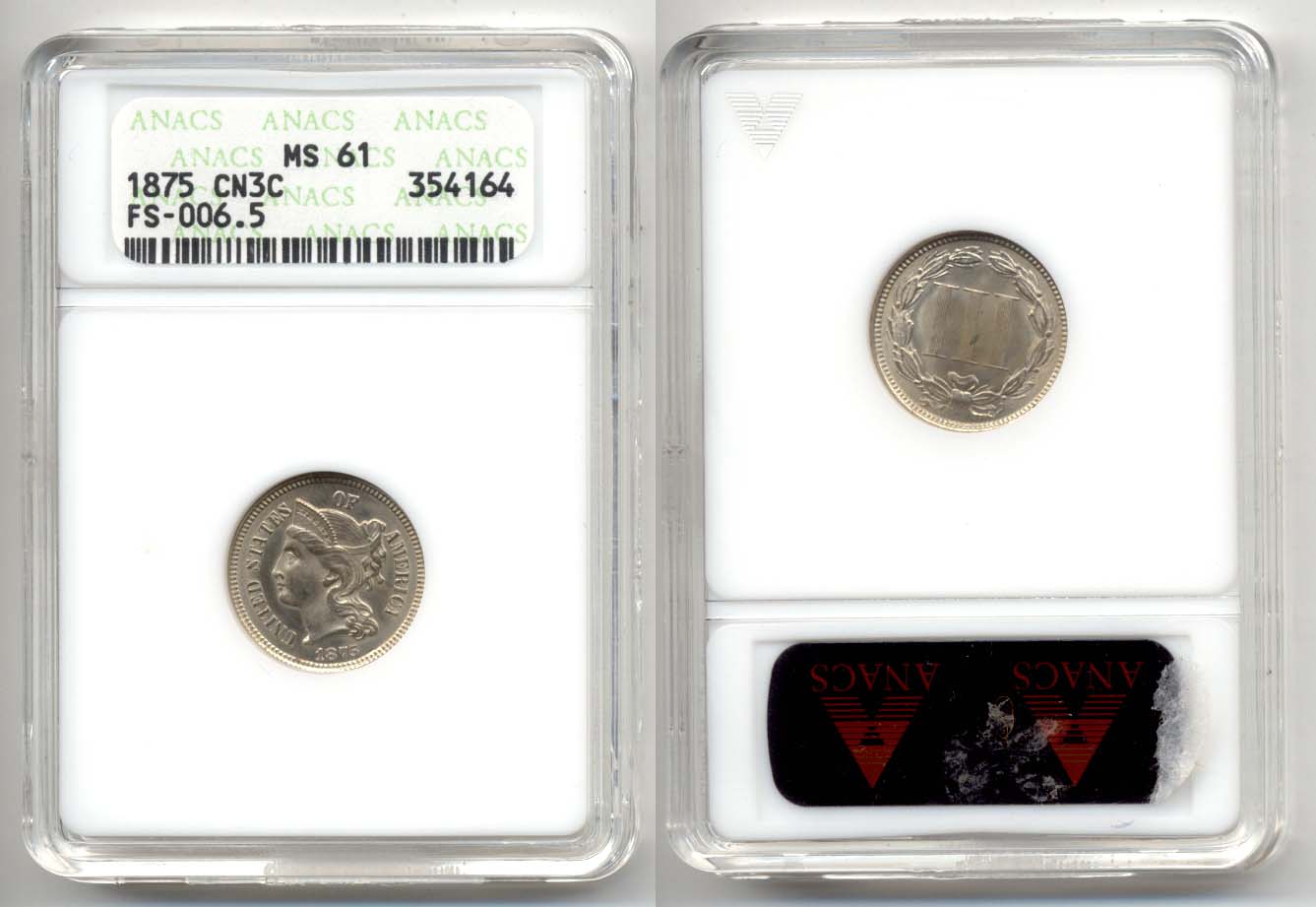 1875 Three Cent Nickel in ANACS MS-61