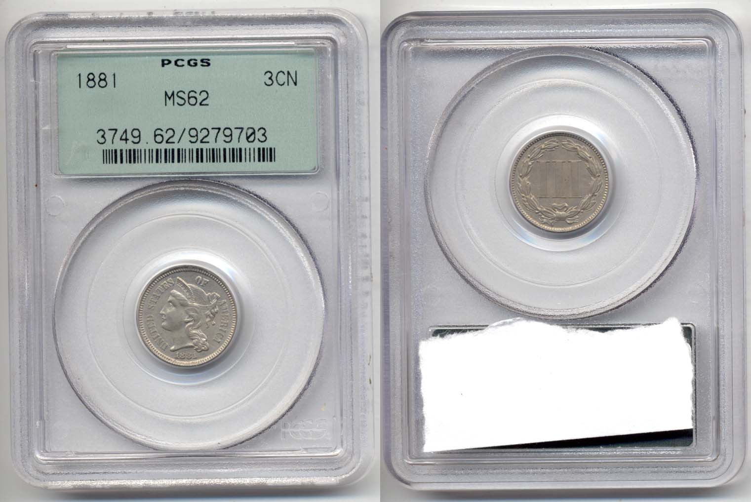 1881 Three Cent Nickel in PCGS MS-62