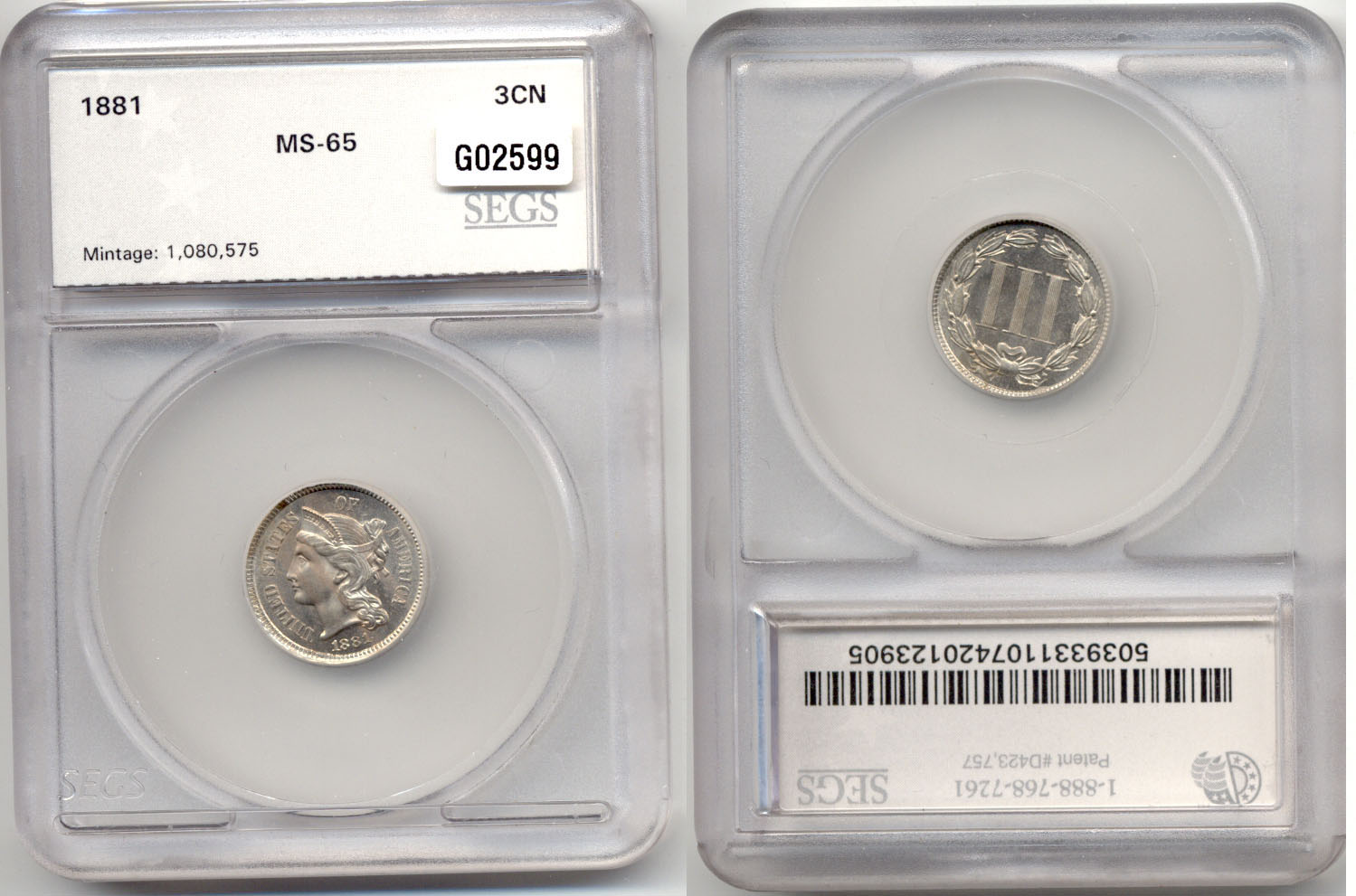 1881 Three Cent Nickel SEGS MS-65