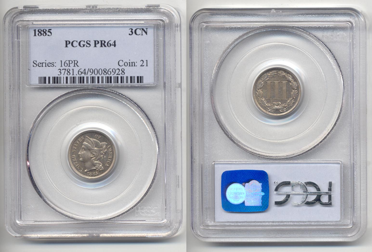 1885 Three Cent Nickel PCGS Proof-64