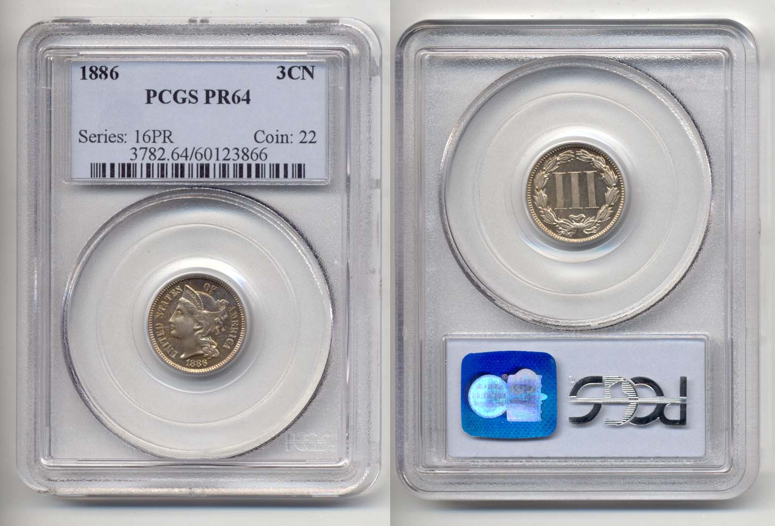 1886 Three Cent Nickel in PCGS Proof-64