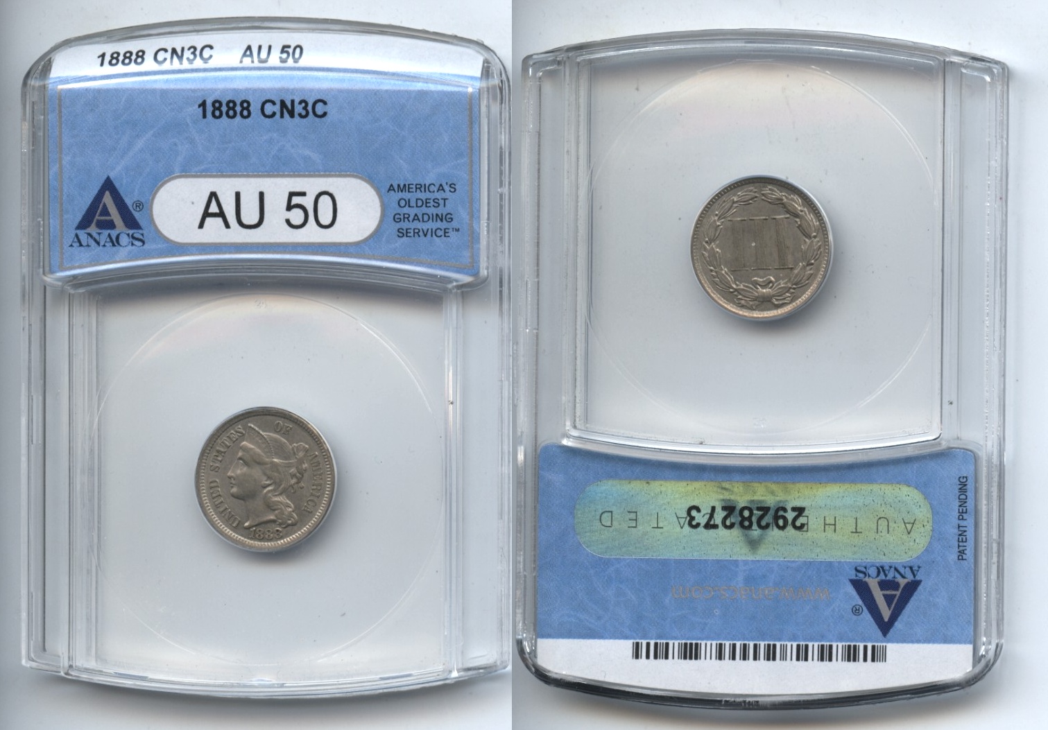 1888 Three Cent Nickel ANACS AU-50