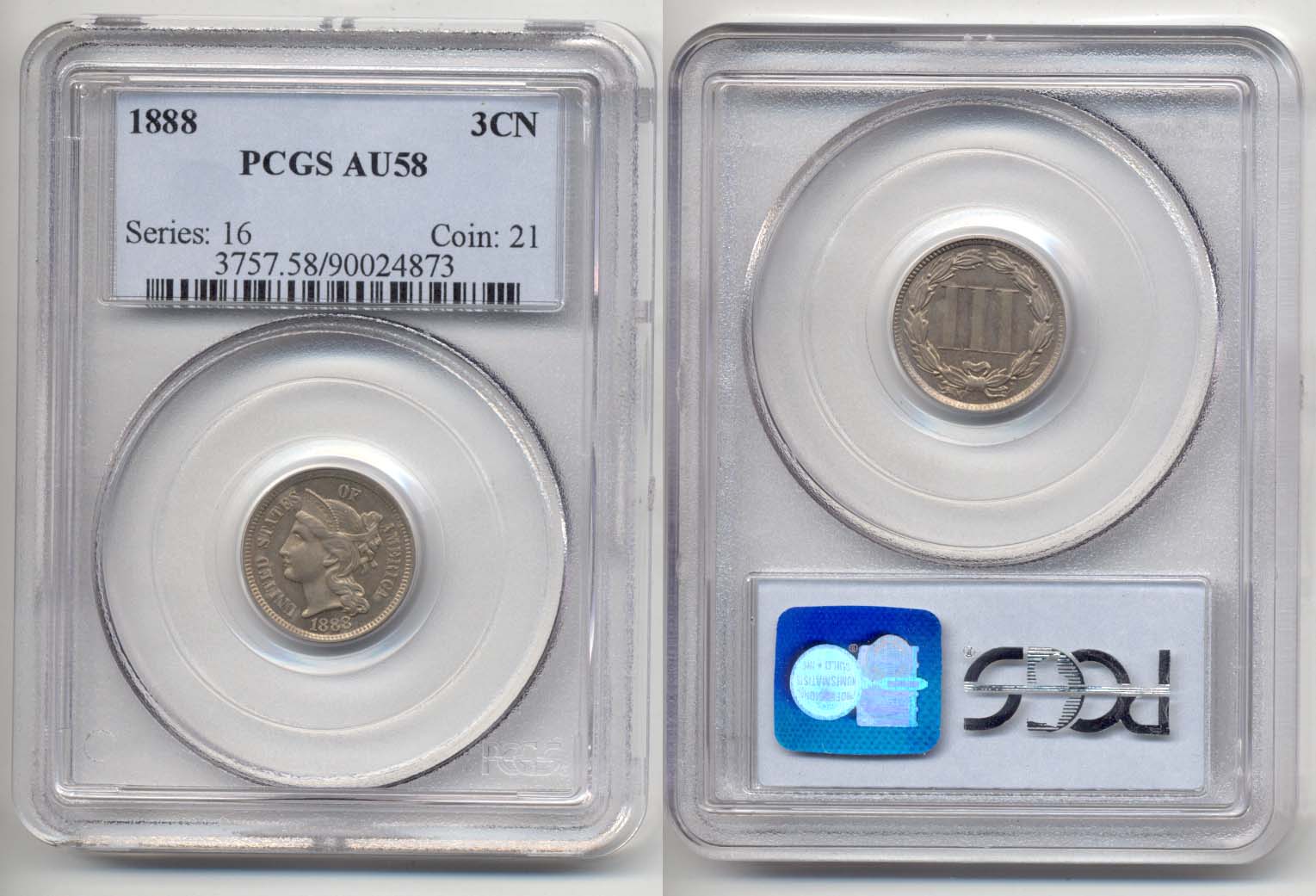 1888 Three Cent Nickel in PCGS AU-58
