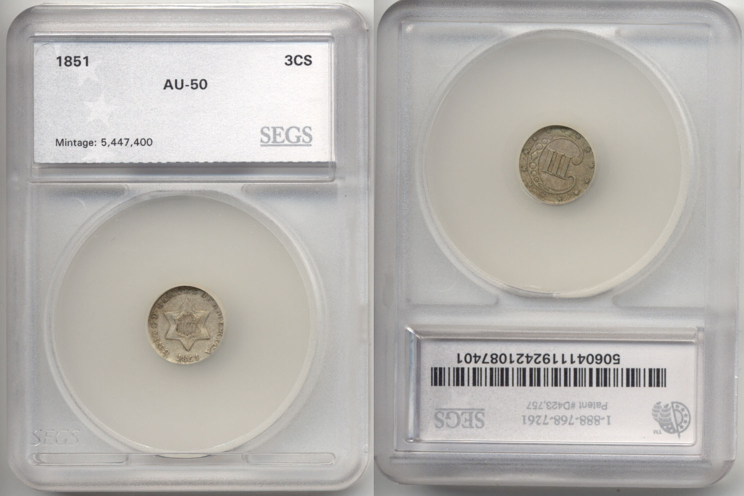 1851 Three Cents Silver in SEGS AU-50