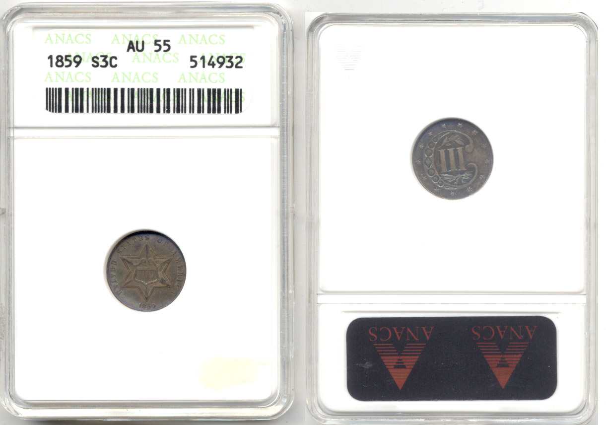 1859 Three Cents Silver ANACS AU-55