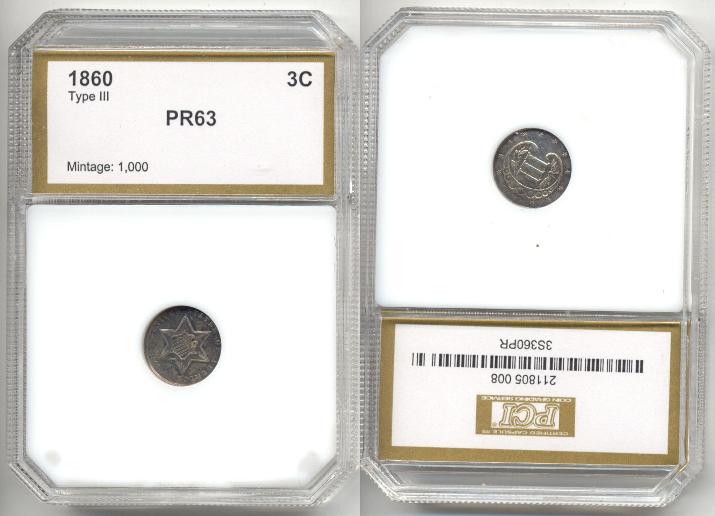 1860 Three Cents Silver PCI Proof-63
