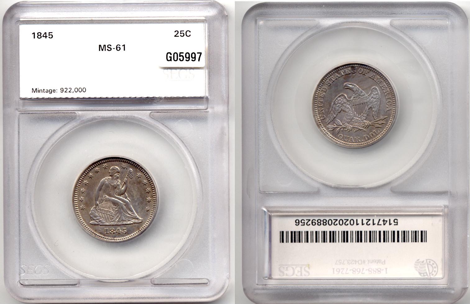 1845 Seated Liberty Quarter SEGS MS-61