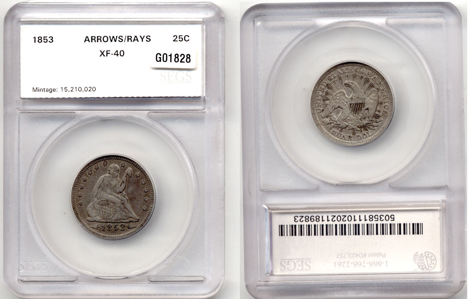 1853 Seated Liberty Quarter SEGS EF-40