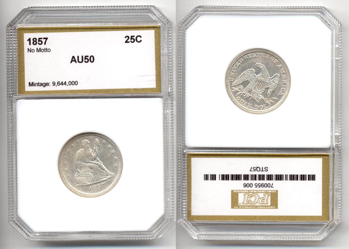1857 Seated Liberty Quarter PCI AU-50