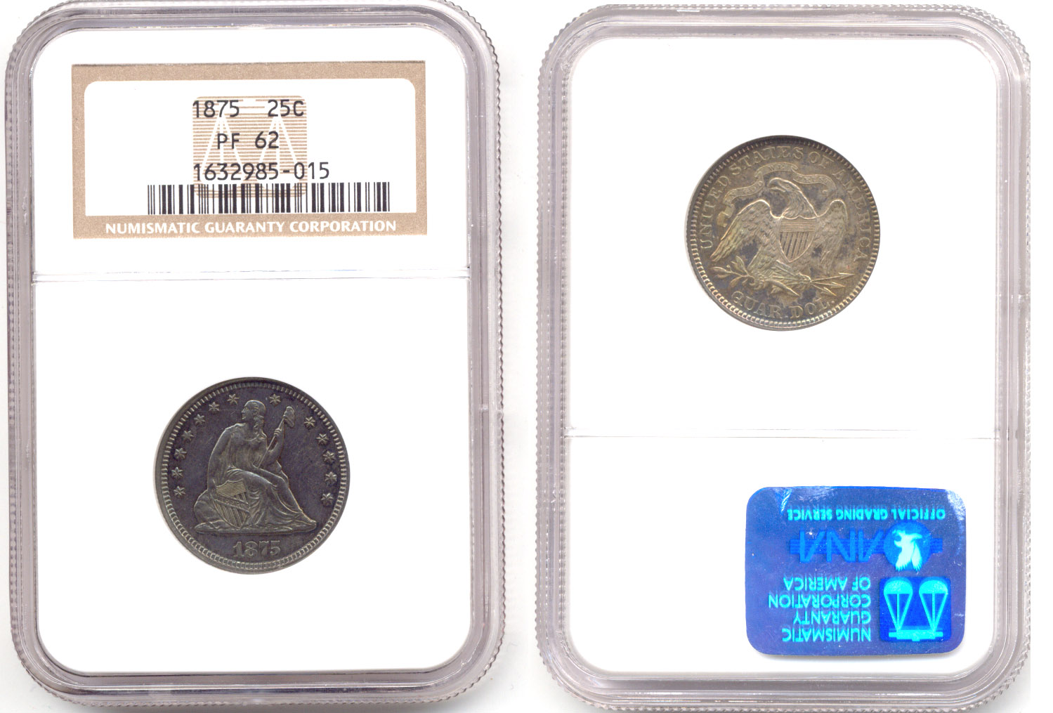 1875 Seated Liberty Quarter NGC Proof-62