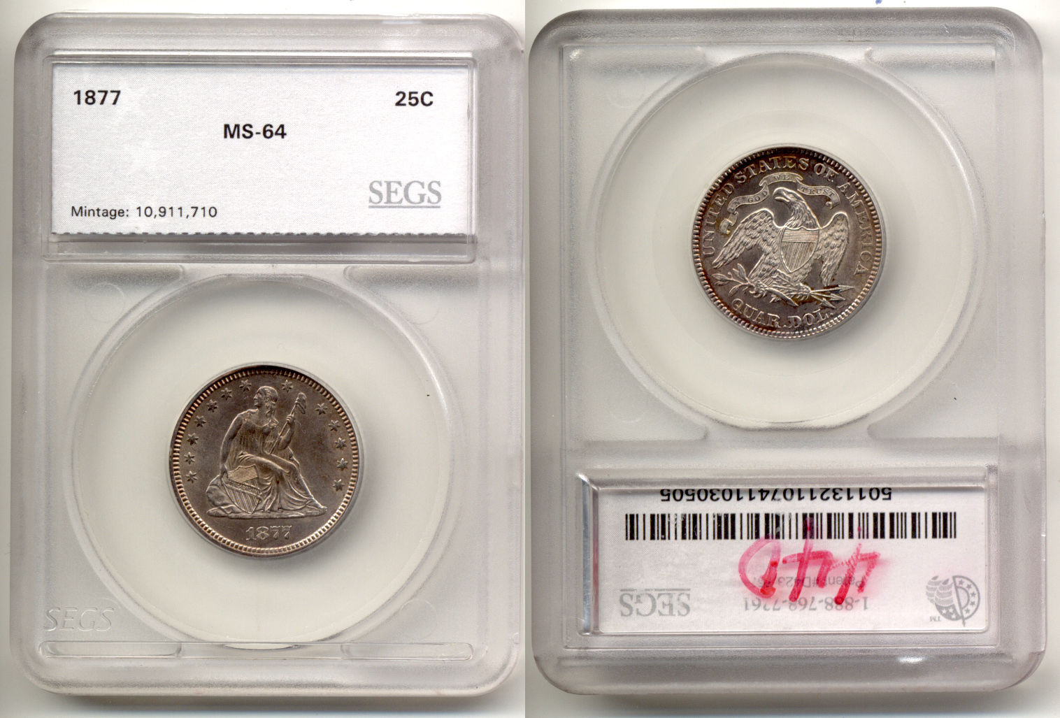 1877 Seated Liberty Quarter SEGS MS-64