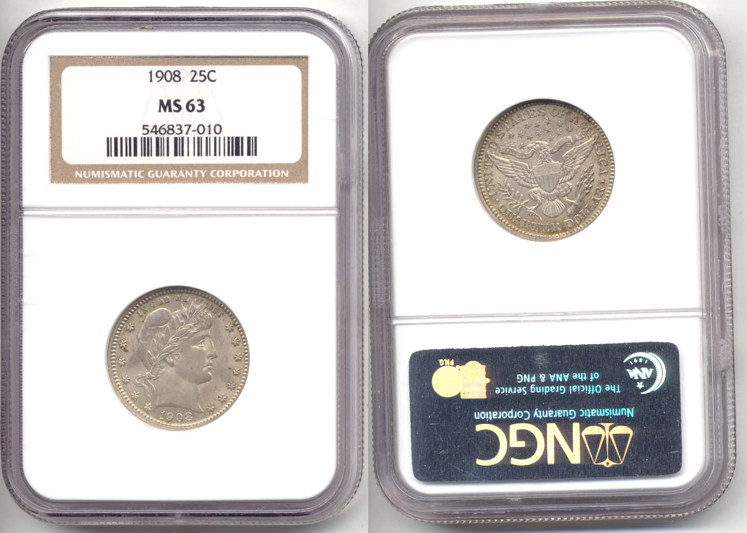 1908 Barber Quarter NGC MS-63