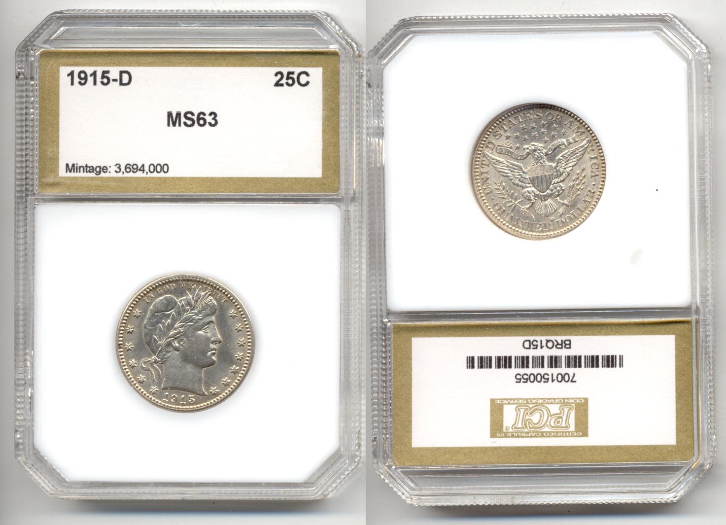 1915-D Barber Quarter PCI MS-63