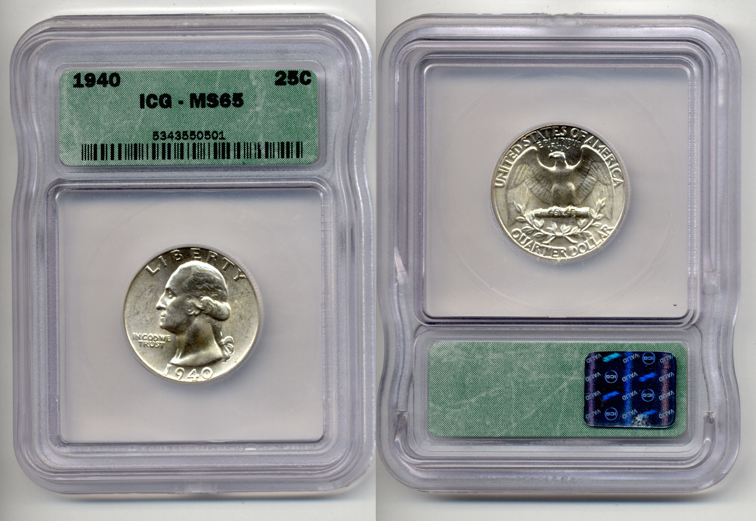 1940 Washington Quarter in ICG MS-65