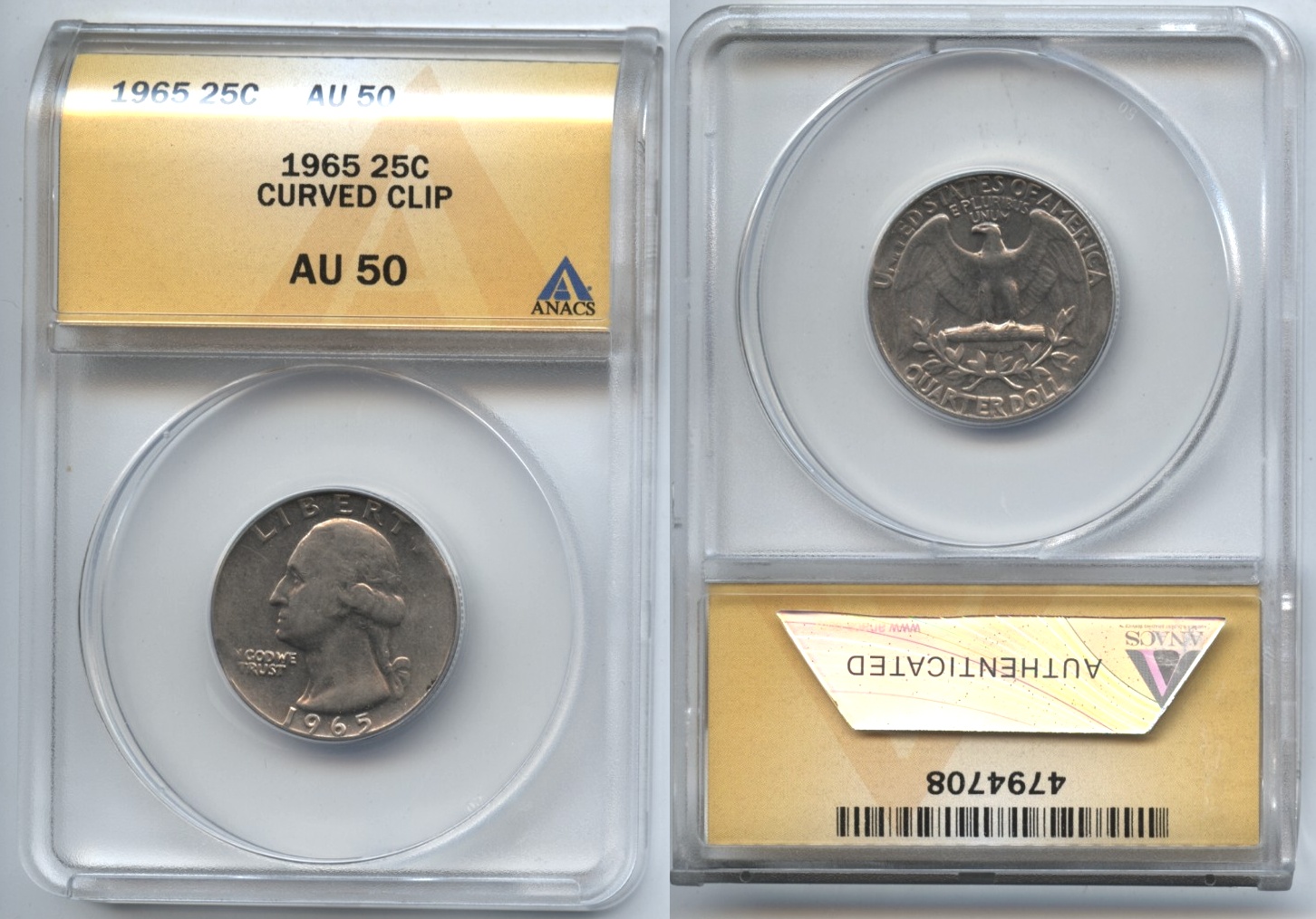 1965 Washington Quarter ANACS AU-50 Curved Clip