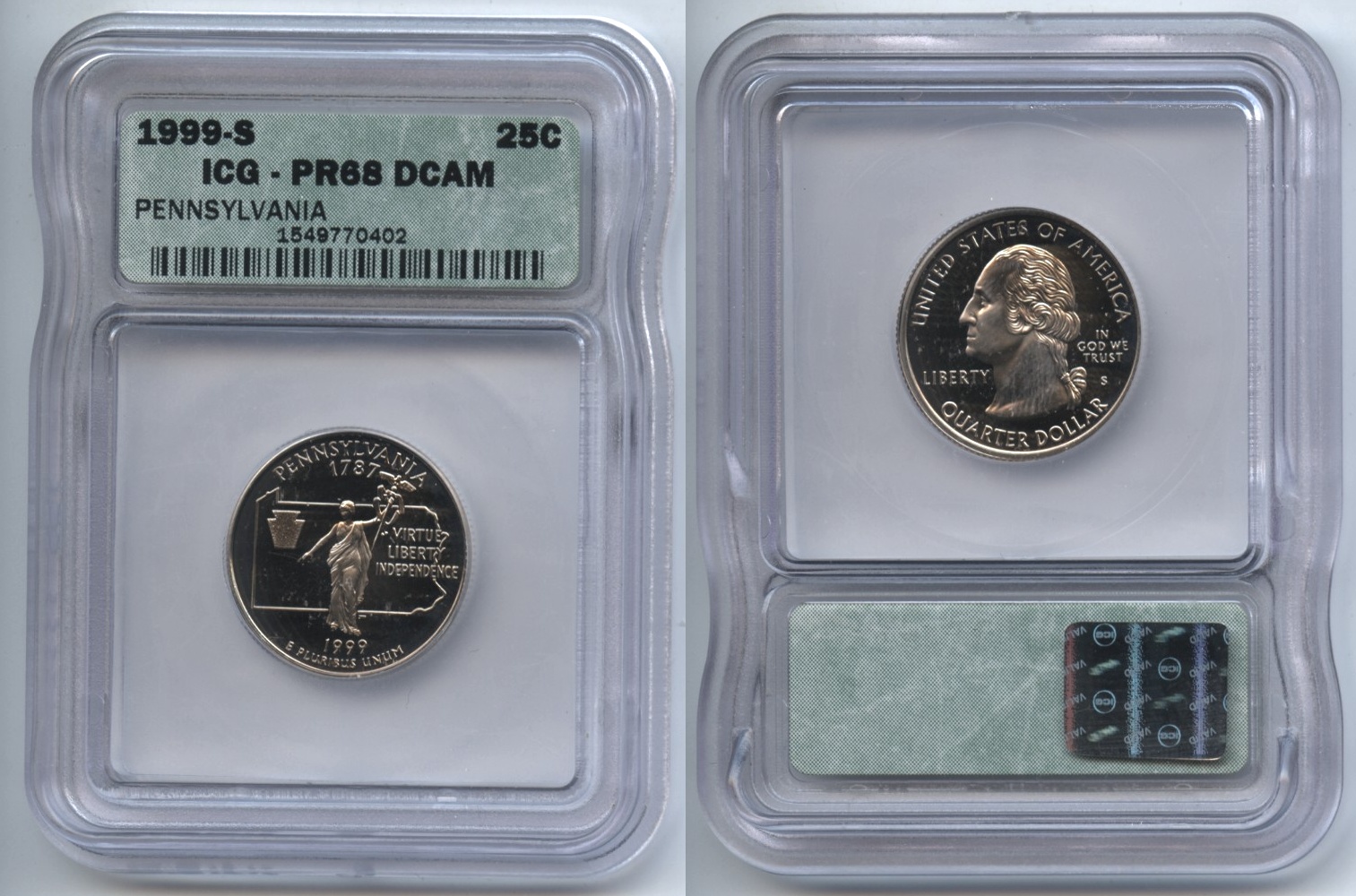 1999-S Pennsylvania Clad State Quarter ICG Proof-68 Deep Cameo