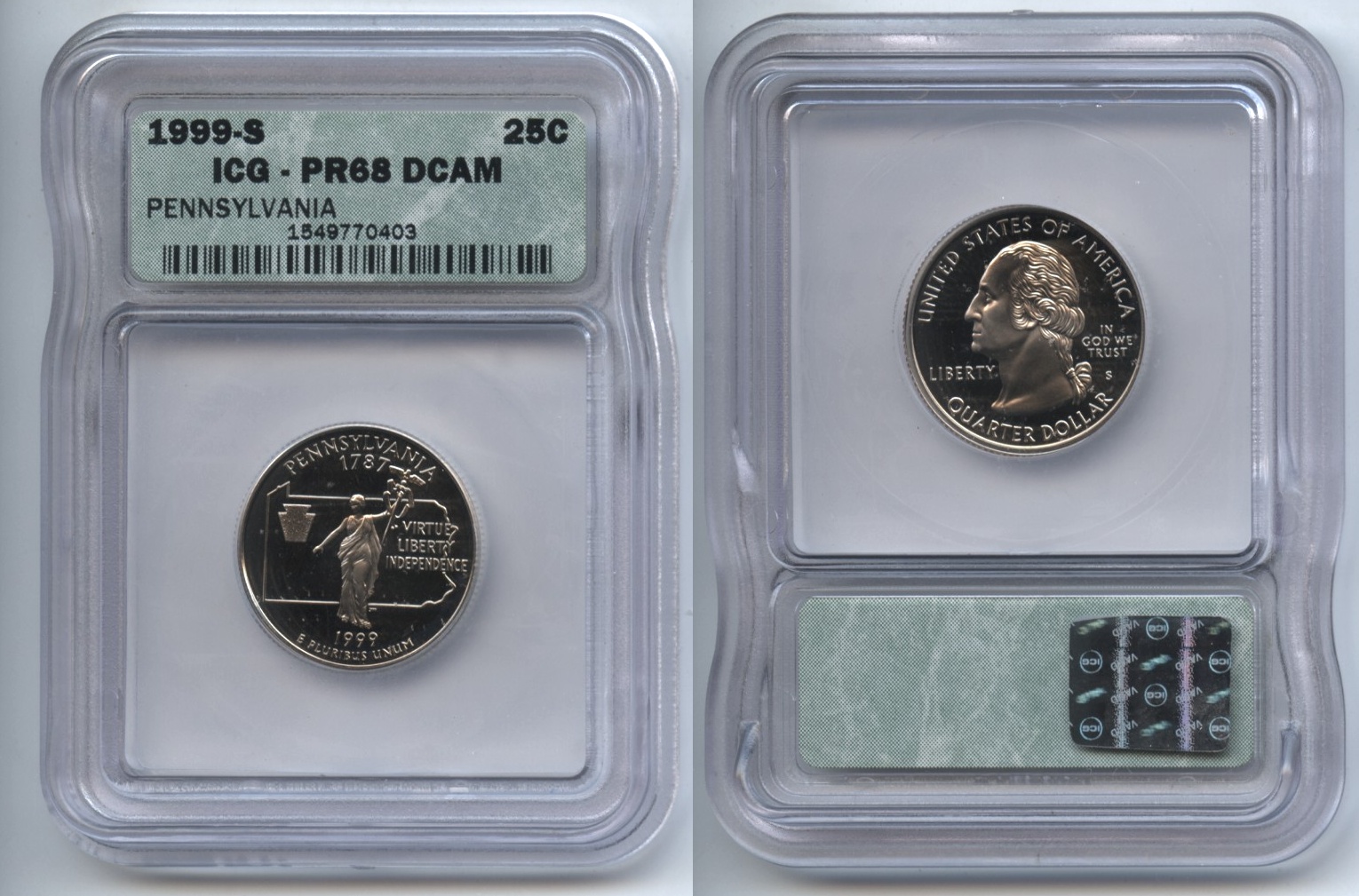 1999-S Pennsylvania Clad State Quarter ICG Proof-68 Deep Cameo #a