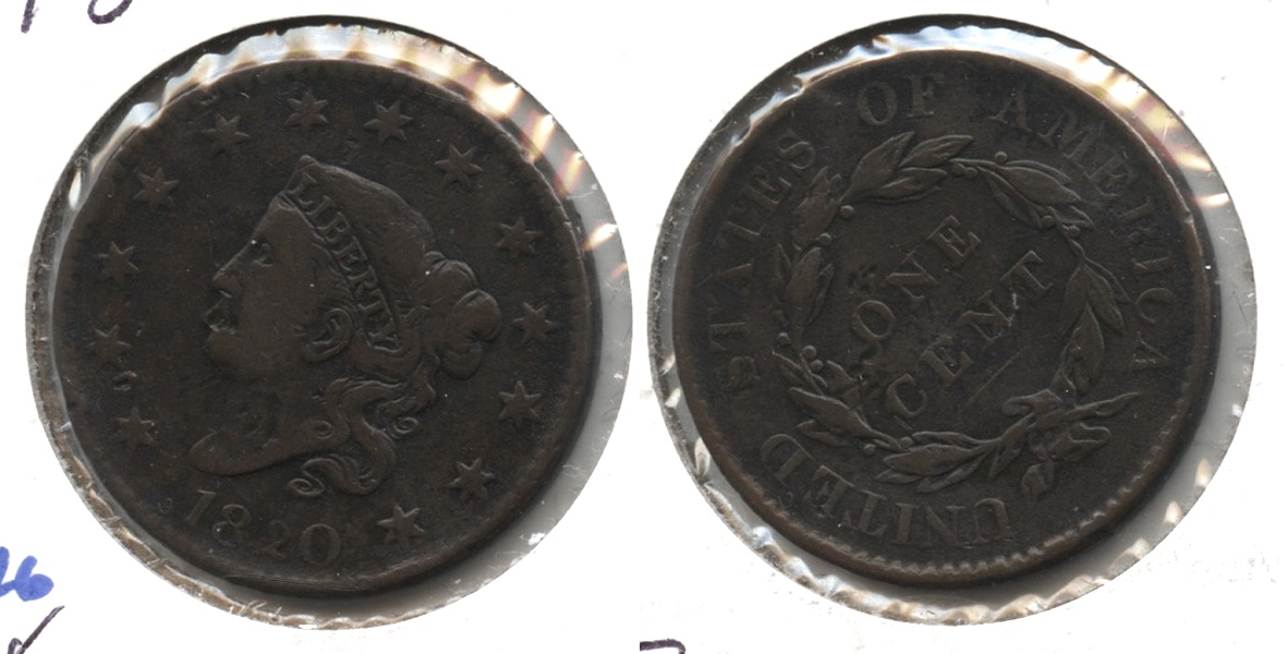 1820 Coronet Large Cent Fine-12 #b Marks