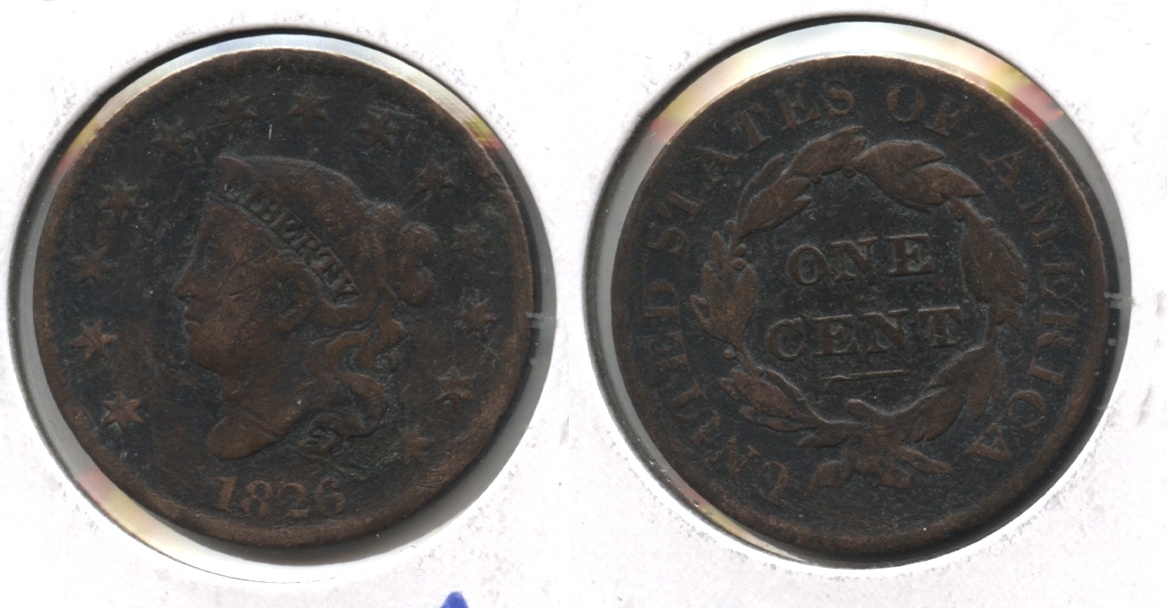 1826 Coronet Large Cent VG-8 #b Obverse Marks