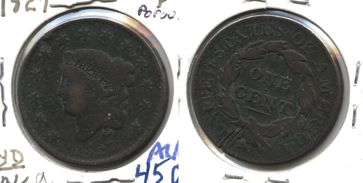 1827 Coronet Large Cent F-12 #a Porous