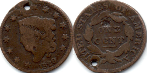 1829 Coronet Large Cent G-4 Holed
