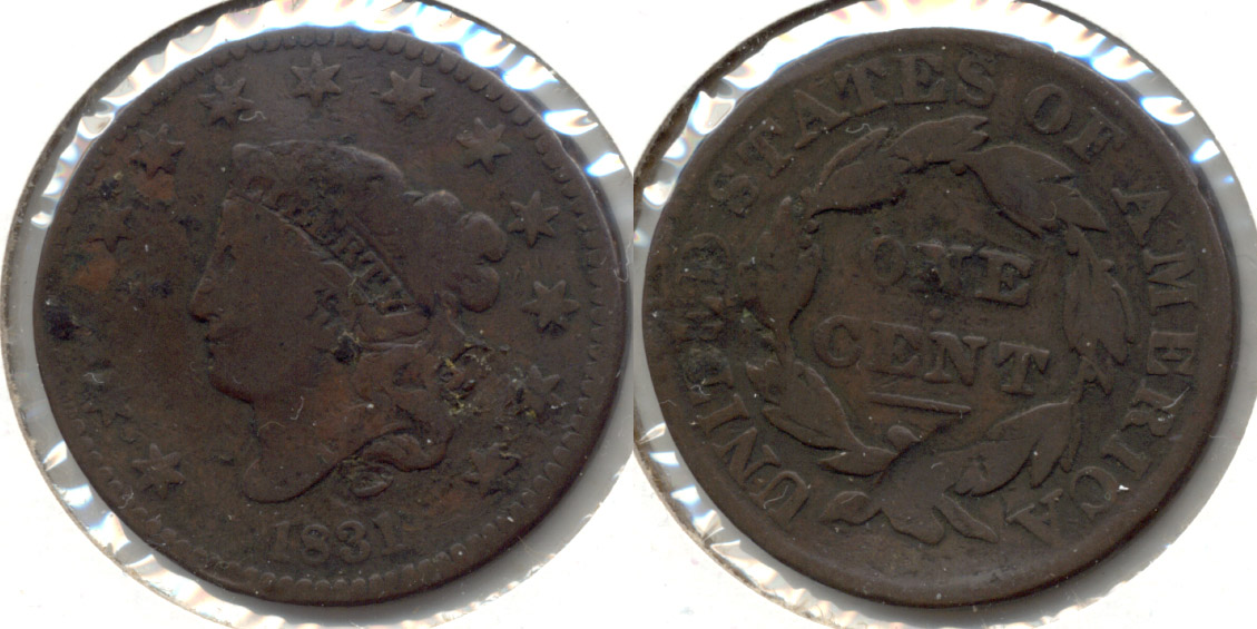 1831 Coronet Large Cent VG-8 b Reverse Bump