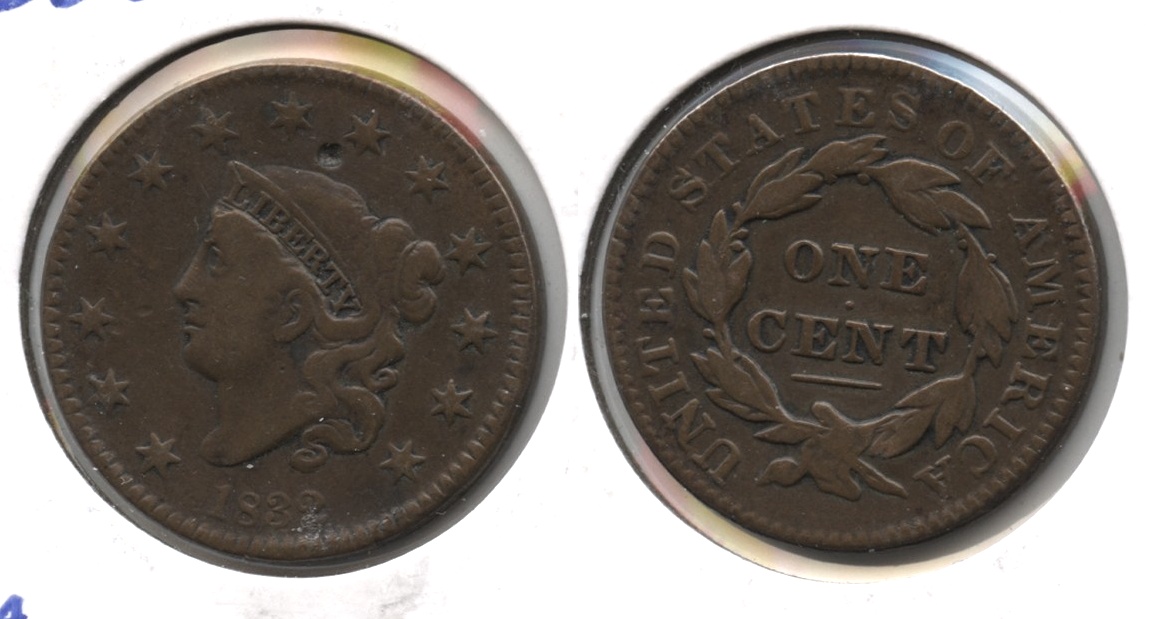 1832 Coronet Large Cent F-12 Obverse Hit