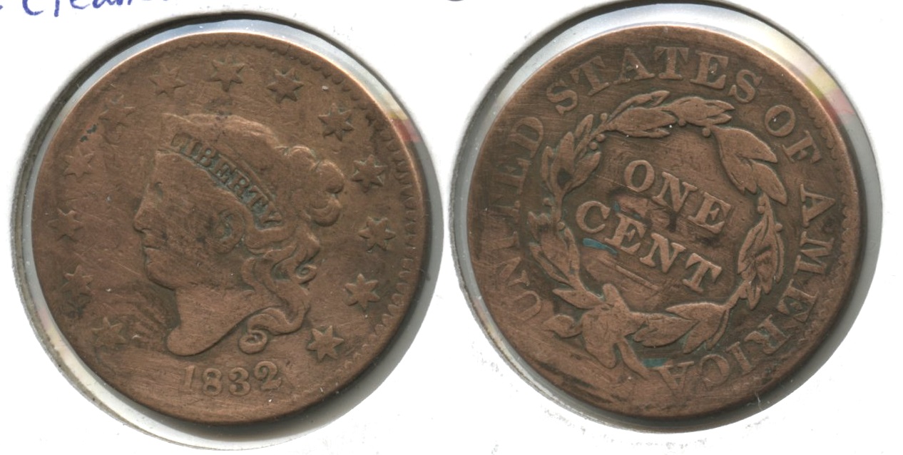 1832 Coronet Large Cent VG-8 #b Cleaned