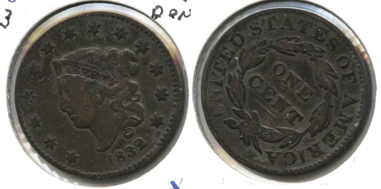 1832 Coronet Large Cent VG-8 #c Cleaned Retoned