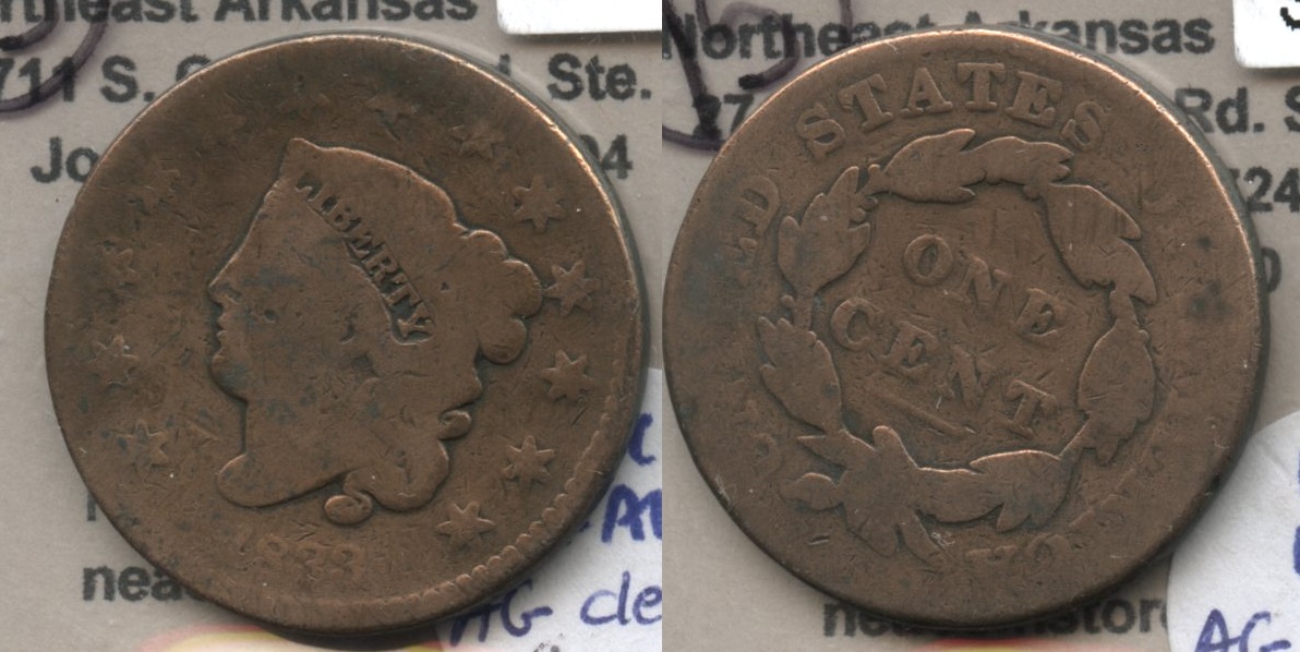 1833 Coronet Large Cent AG-3 #a Cleaned