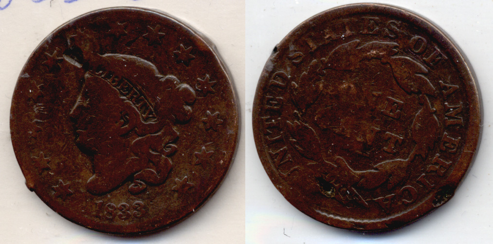 1833 Coronet Large Cent Good-4 Obverse Hit