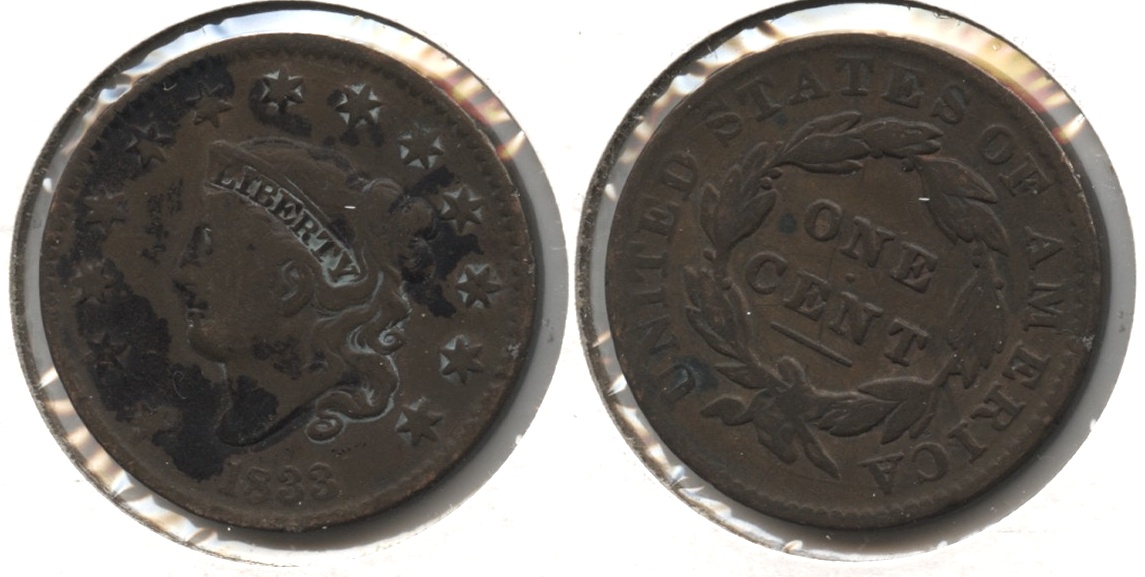 1833 Coronet Large Cent VG-8 #a Discolored Obverse