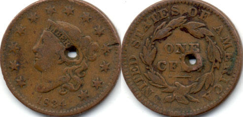 1834 Coronet Large Cent F-12 Holed