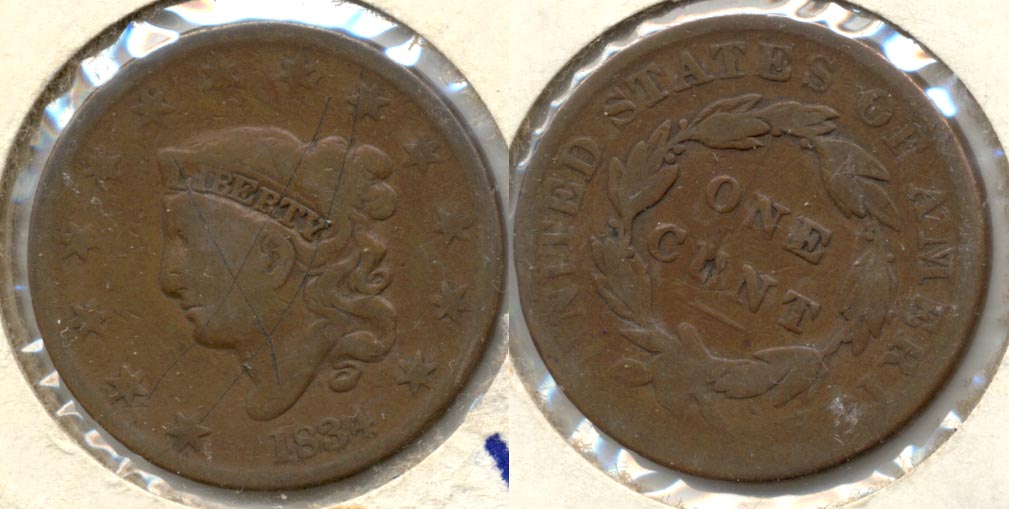 1834 Coronet Large Cent VG-8 Obverse Scratches